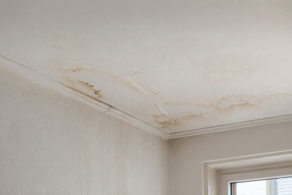 Waterschade aan plafond en muur in huurwoning door lekkage
